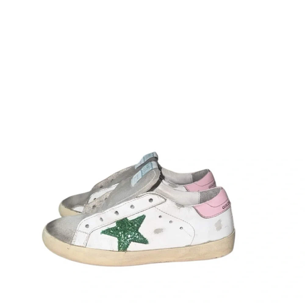 Authentic Golden Goose Superstar Girls White Green‎ Glitter Sneakers Size 13.5